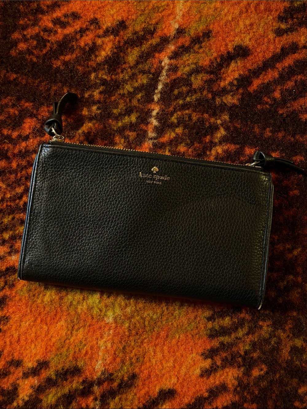kate spade Black Pebbled Leather Crossbody Wallet with Gold Logo